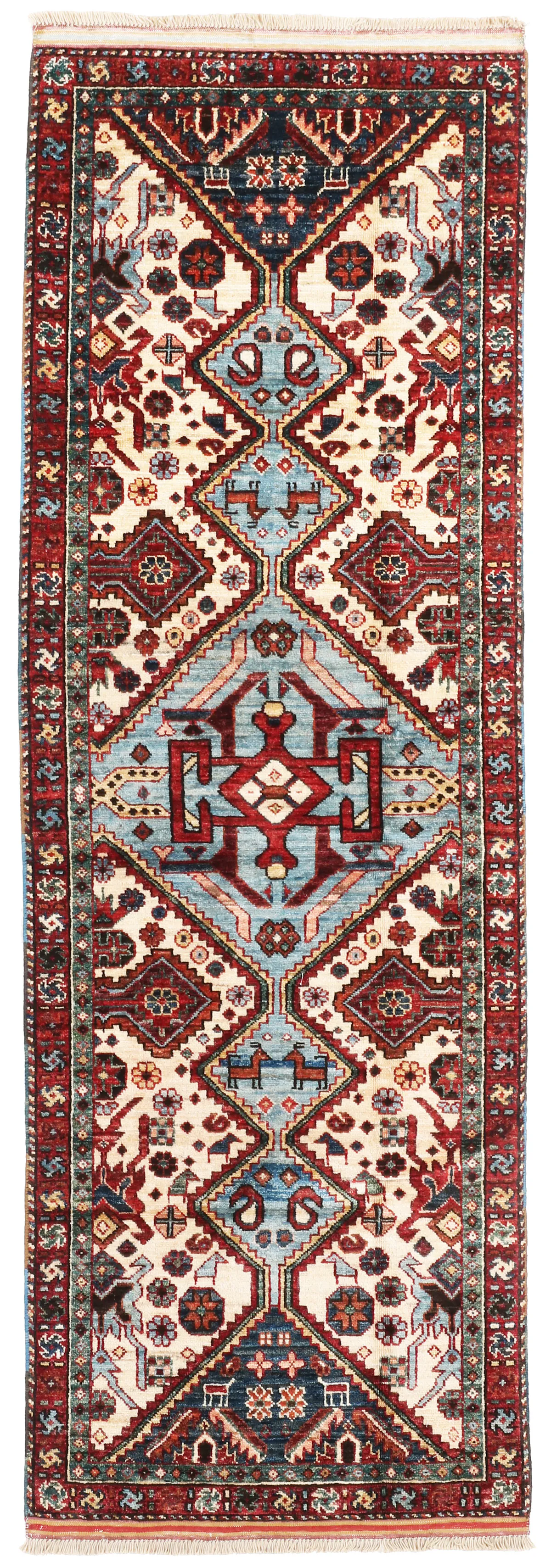 Fine Shirvan Design Runner – Beige and Blue, 212 × 75 cm