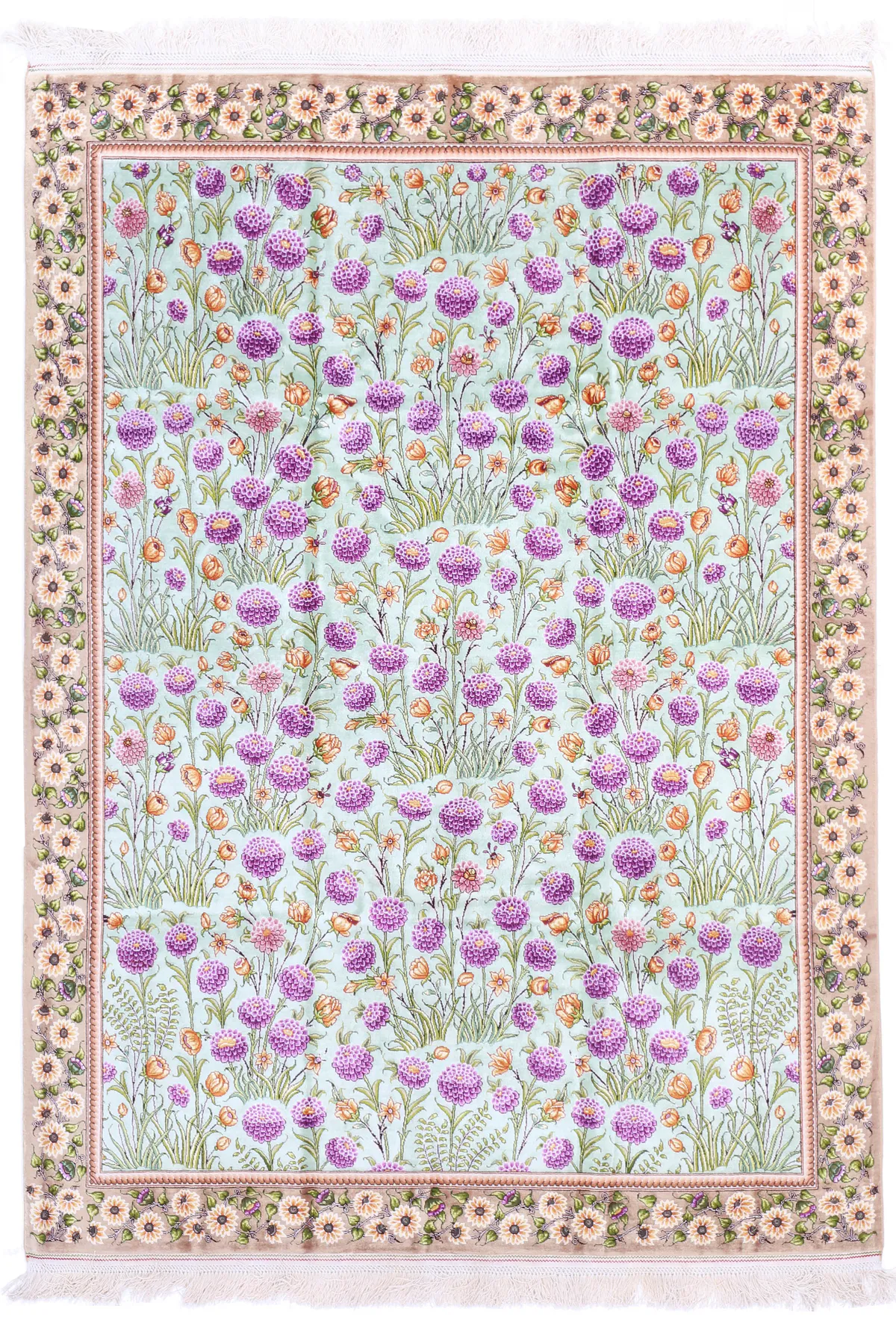 Persian Tulip Design Tabriz Pure Silk Rug, 202 × 150 cm
