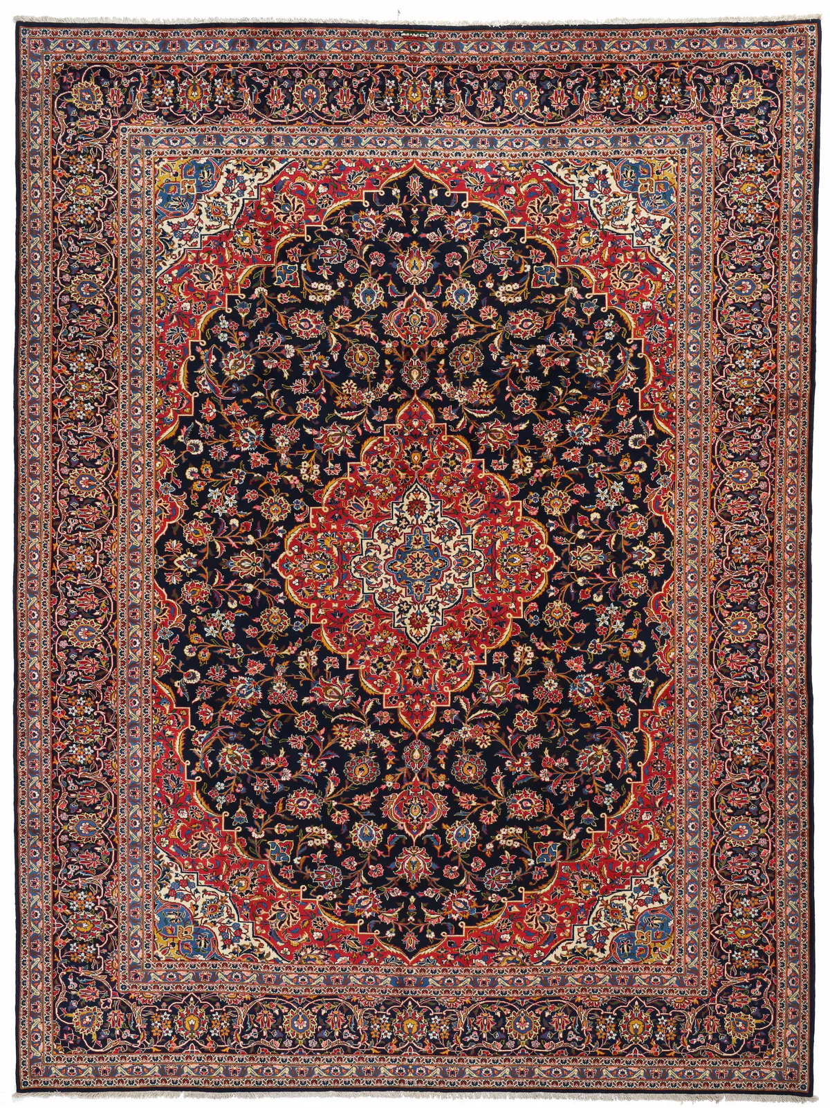 Persian Keshan / Kashan Rug in Red & Navy Blue, 430 × 321 cm