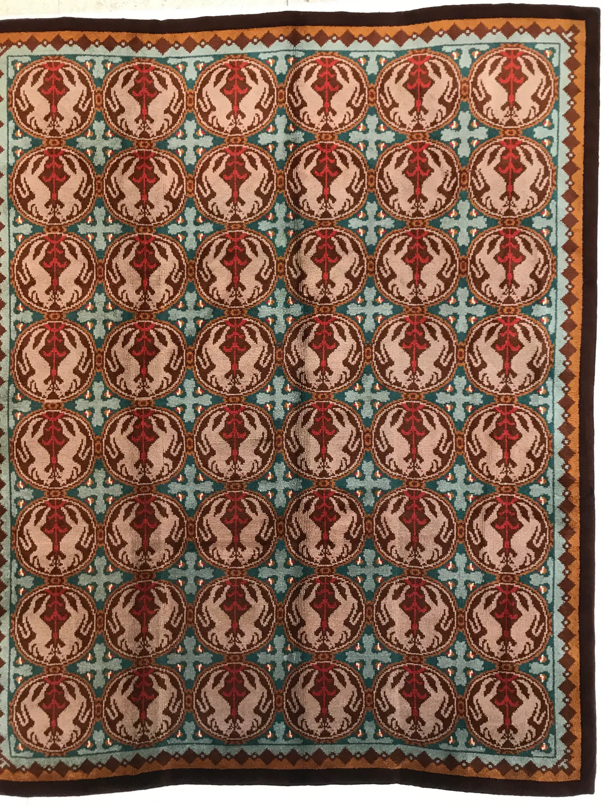 English Rug arts and craft design circa 1930, 380 × 306 cm