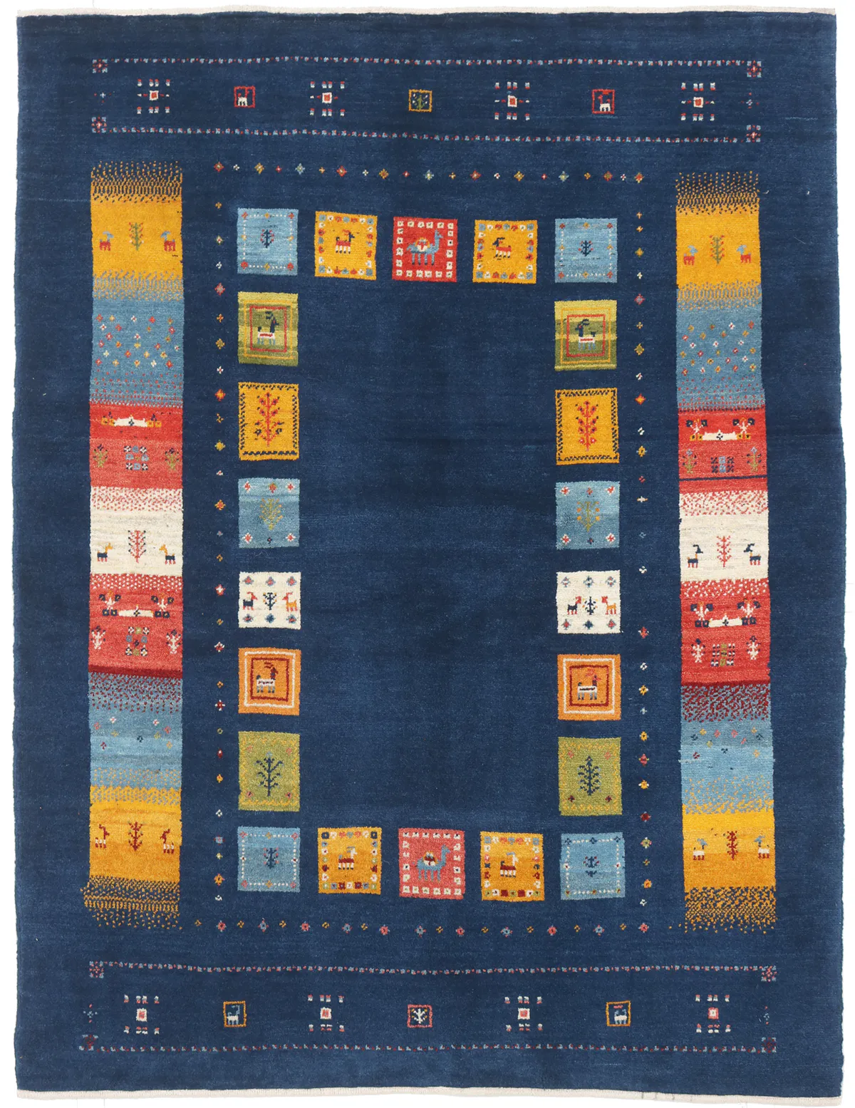 Persian Gabbeh Rug in Blue with Yellow & Red Pattern, 195 × 151 cm