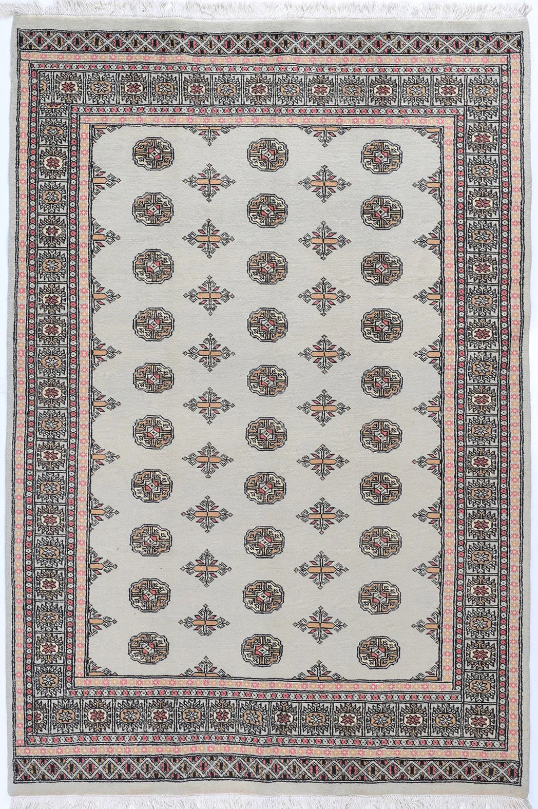 Bokhara design light green rug, 252 × 169 cm