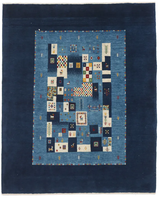 Persian Gabbeh Rug with Blue Block Pattern, 192 × 157 cm