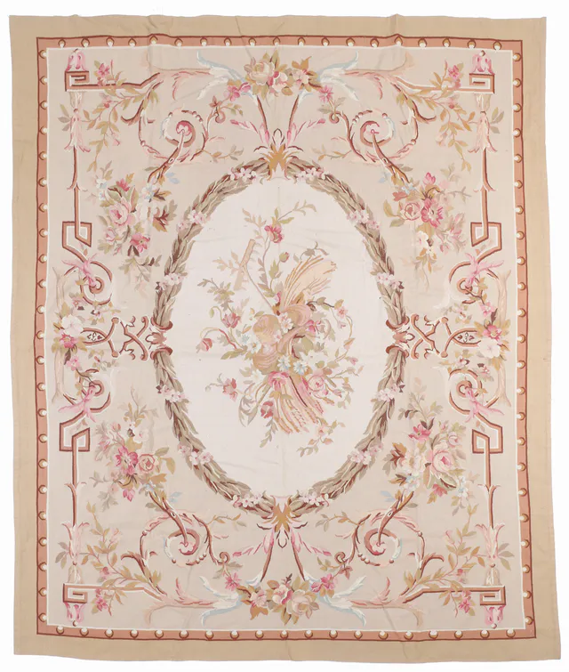 Beige and Pink Aubusson Design Rug, 290 × 230 cm