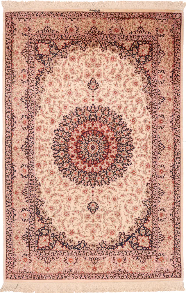 Fine Qum silk signed and woven by Persia Qum Mohamadi, 200 × 133 cm