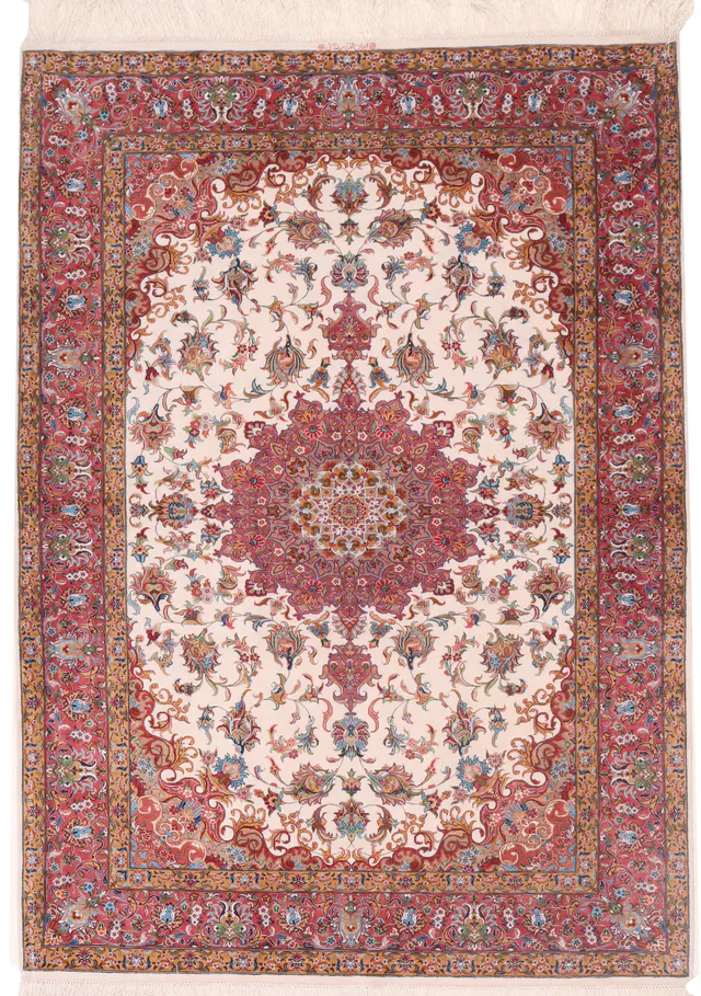 Fine Qum silk rug signed Persia Qum Rezaei, 212 × 140 cm