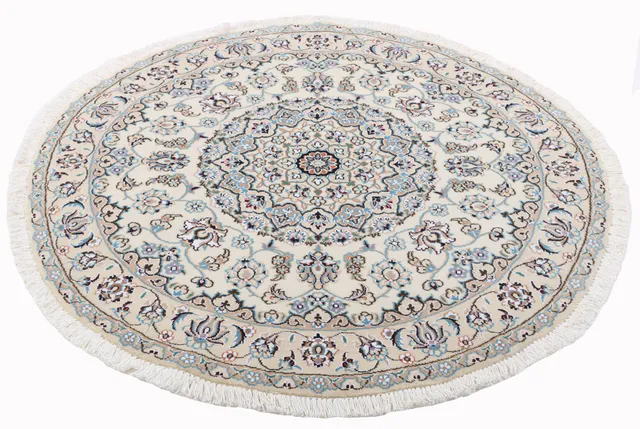 Persian Nain Circular 9 La rug with silk highlights in beige, 108 × 108 cm