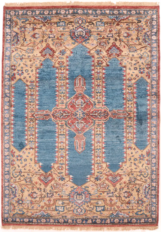 Shirvan Silk design rug – Ruby & blue border, 237 × 171 cm