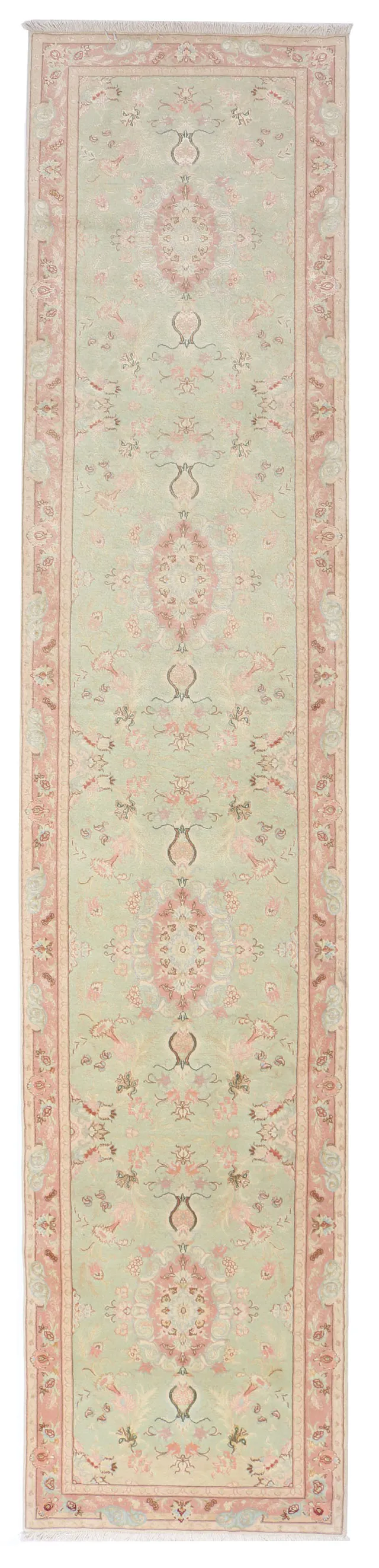 Persian Tabriz floral design runner rug light green, 400 × 80 cm