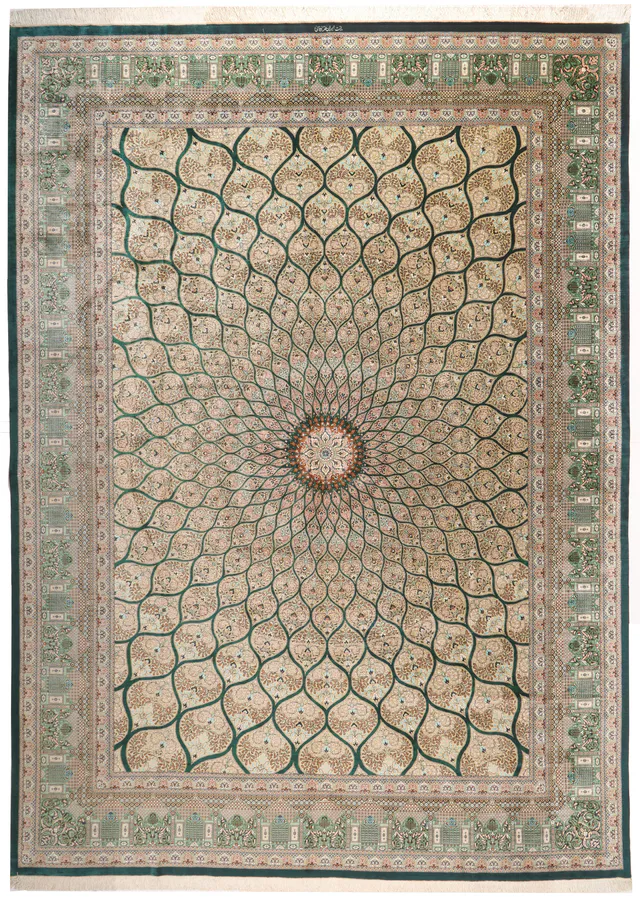 Fine Qum silk Gonbad design signed Vafaei, 402 × 295 cm