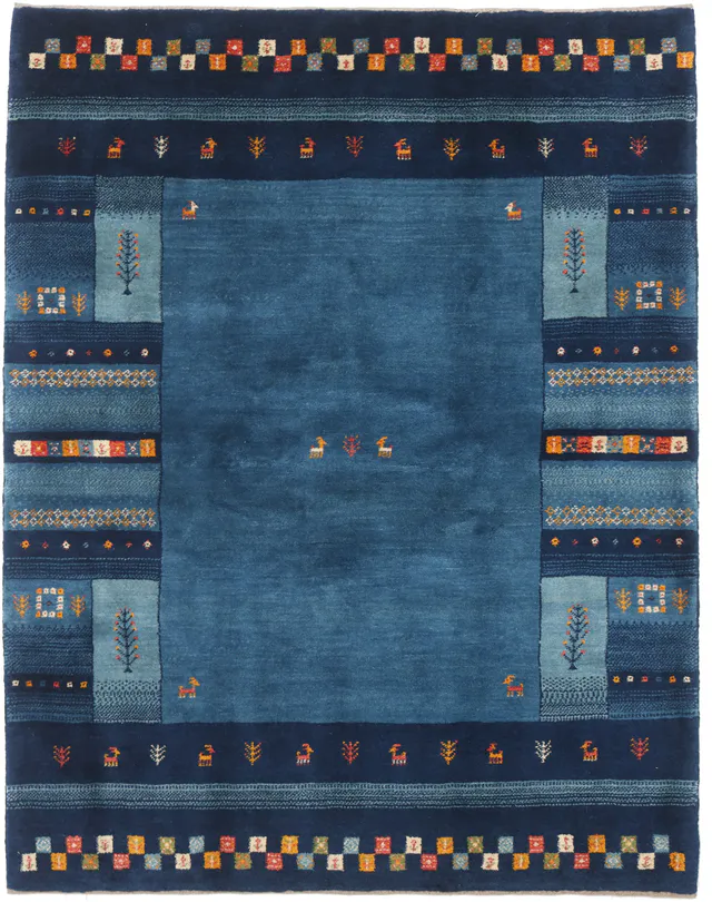 Persian Gabbeh Rug with Rectangular Blue Pattern, 198 × 155 cm