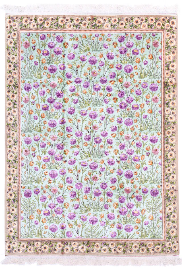 Persian Tulip Design Tabriz Pure Silk Rug, 202 × 150 cm
