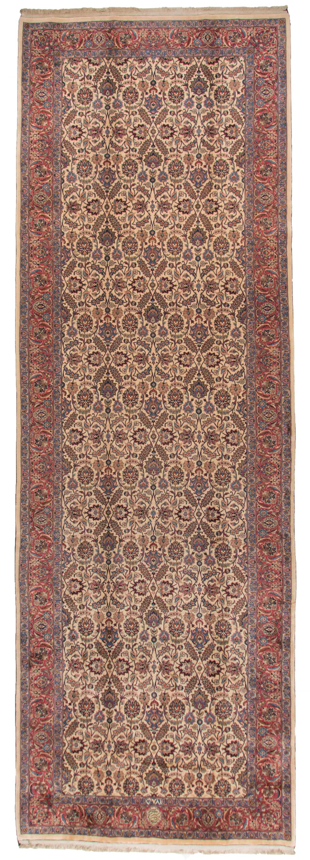 Persian Mashad Runner Rug – Beige Background Pale Red Borders, 587 × 195 cm