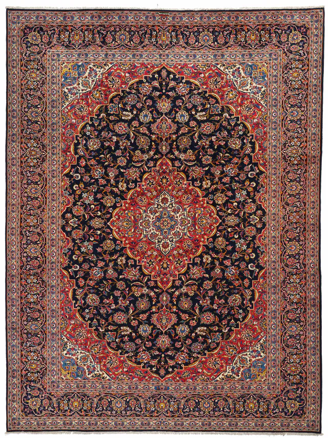 Persian Keshan / Kashan Rug in Red & Navy Blue, 430 × 321 cm