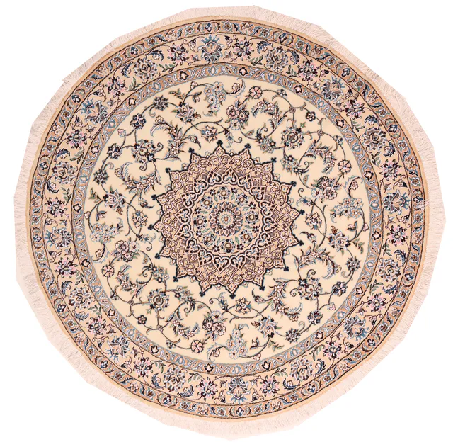 Nain 9La Circular rug with silk highlights, 150 × 150 cm