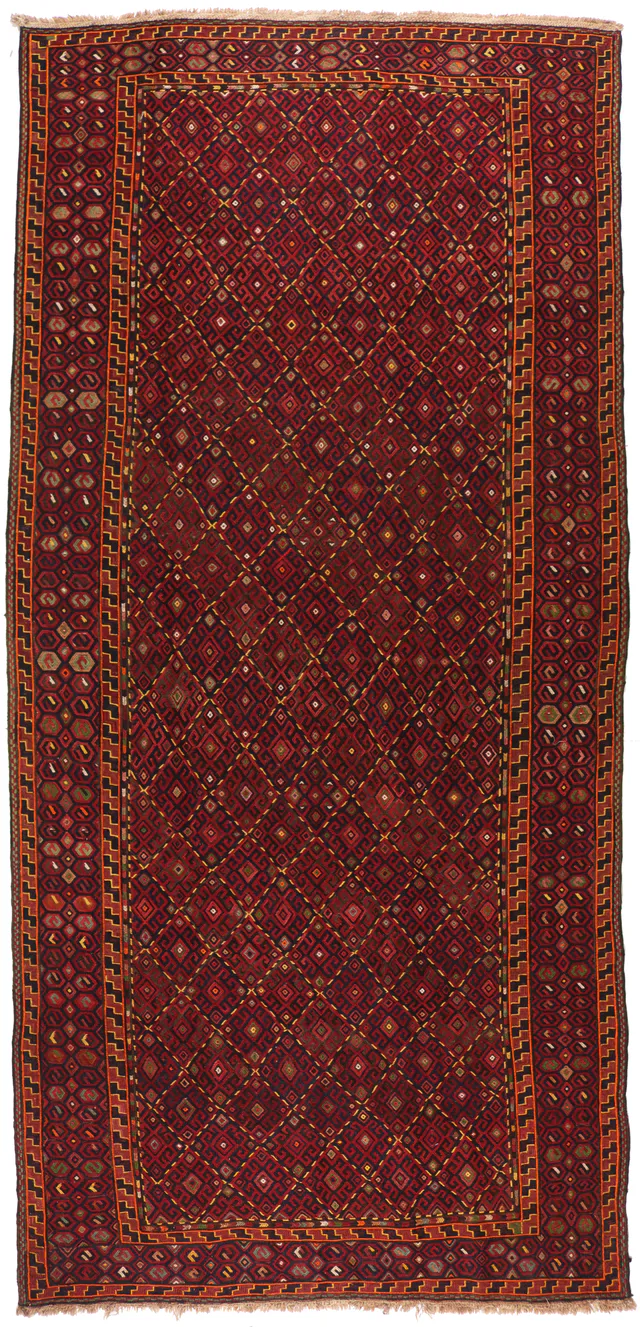Kurdi Gouchan sumak weave kilim, 405 × 185 cm