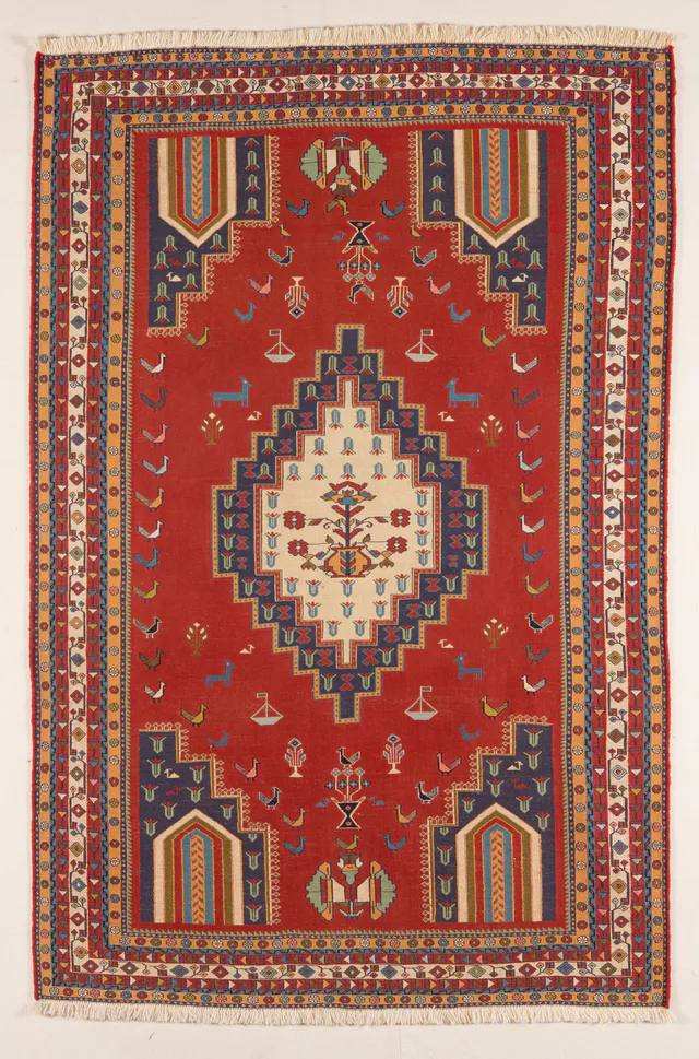 Suzani Afshar Kilim in Red & Mix, 204 × 130 cm