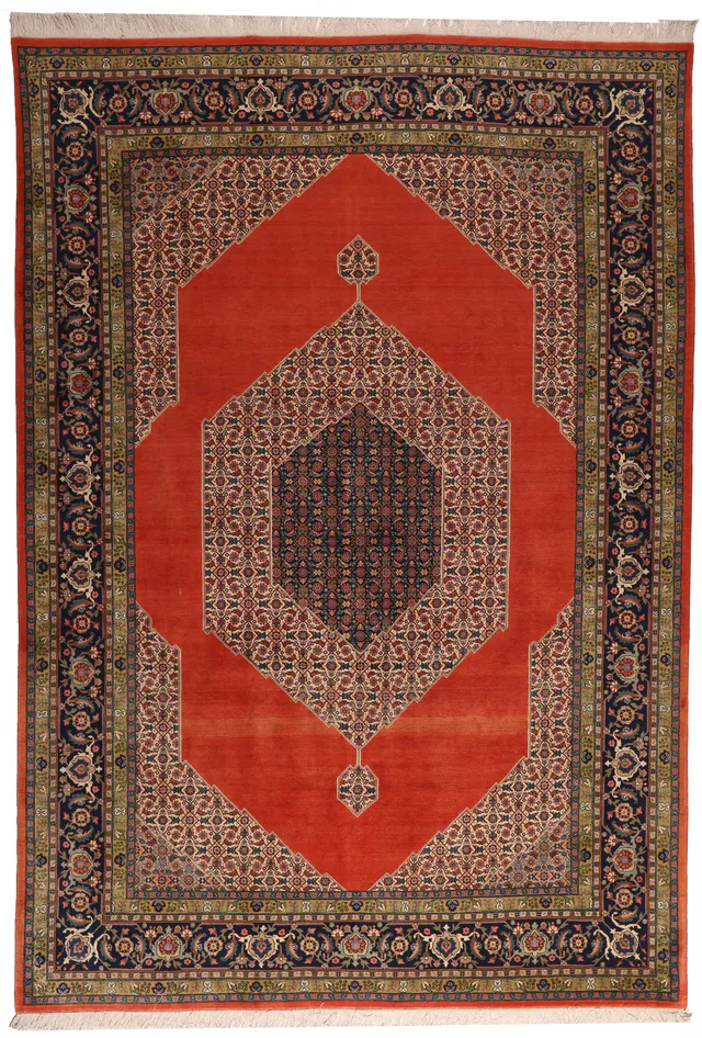 Persian Tabriz rug – Blue/Orange Medallion Pure Wool, 347 × 243 cm