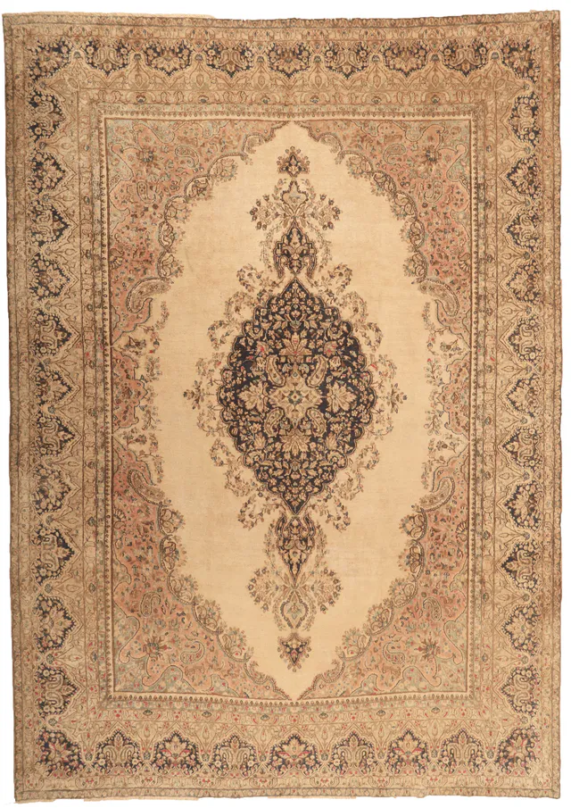Persian Kerman/Kirman Vintage Rug – Beige & Brown / Dark Grey Medallion, 375 × 266 cm