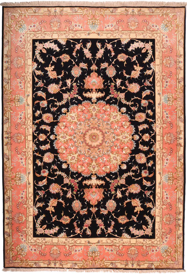 Fine Tabriz with silk highlights – Black & Coral, 250 × 175 cm