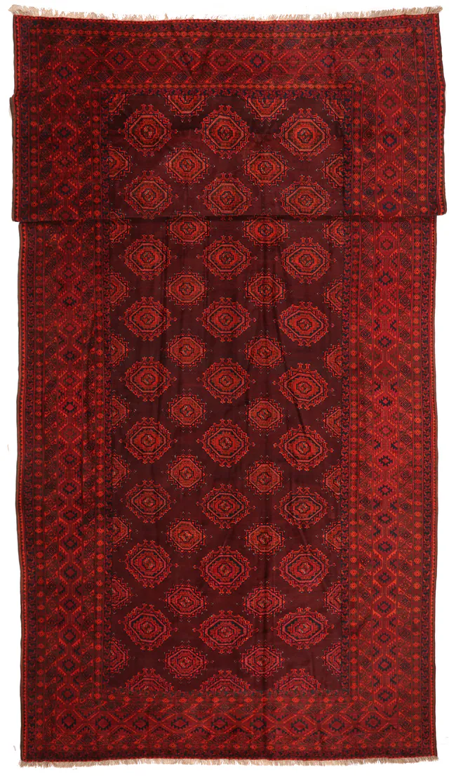 Afghan Design Dark Red Hand-Knotted Wool Rug, 674 × 304 cm