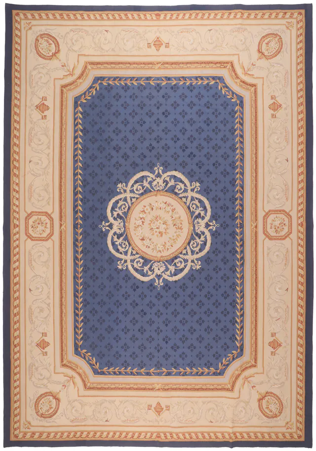 Blue Aubusson Floral Rug – 14 x 10, 427 × 305 cm