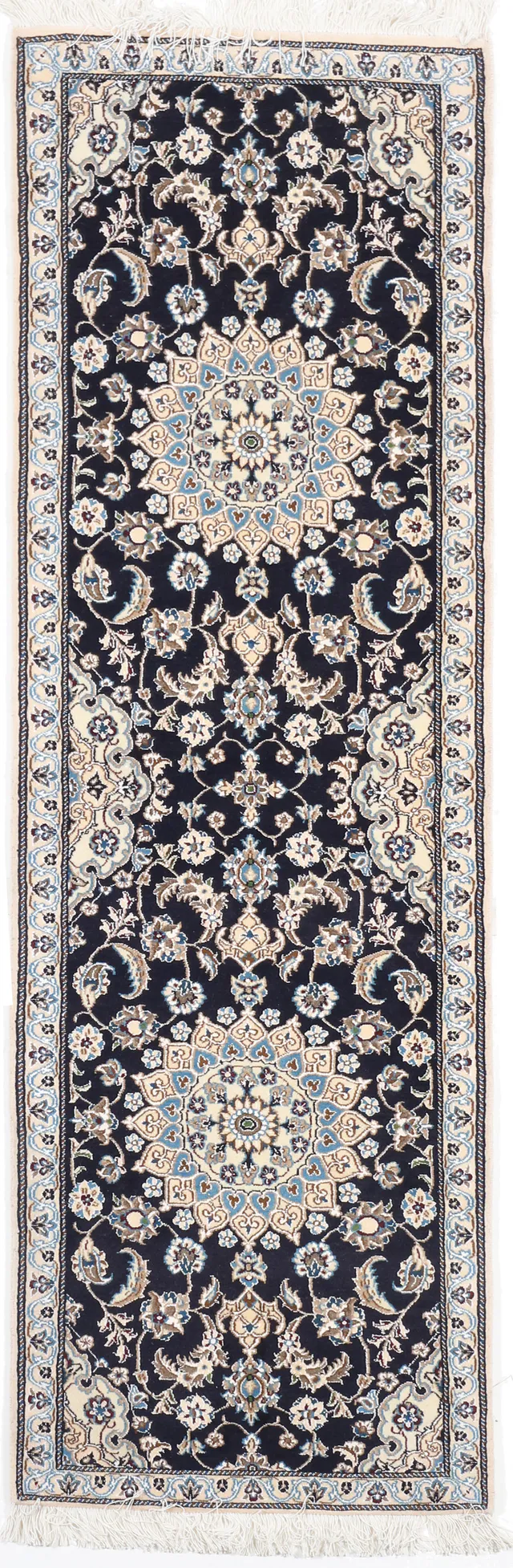 Nain 9La Dark Blue Runner with Silk Highlights, 200 × 62 cm