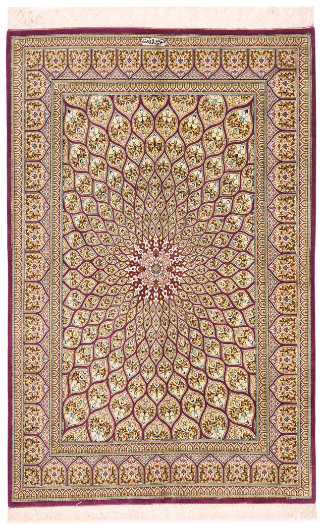 Persian Fine Qum rug pure silk – Signed Pirouzmand, 150 × 96 cm