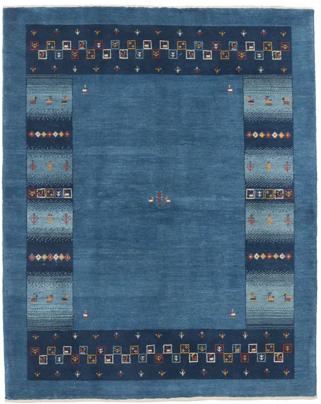 Persian Gabbeh Rug in Light Blue with Rectangular Pattern, 194 × 153 cm