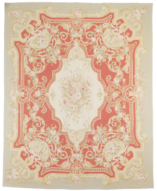 Coral/Salmon Pink Aubusson Rug, 297 × 238 cm