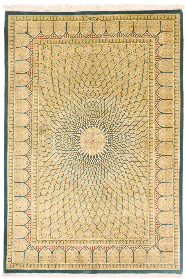 Persian fine qum gonbad design 100% silk rug green, 150 × 100 cm
