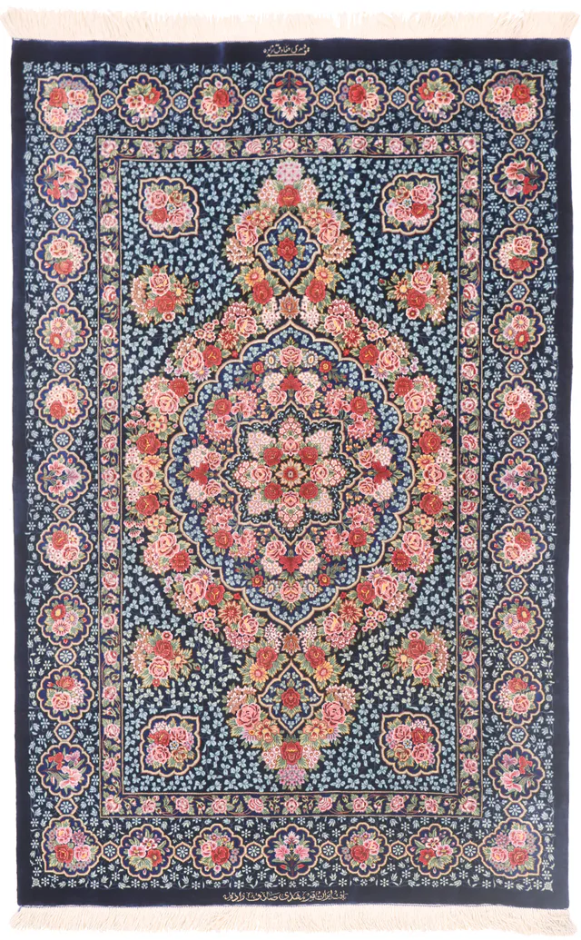 Extremely Fine Persian Qum Silk Carpet – 5 x 3'2, 154 × 98 cm