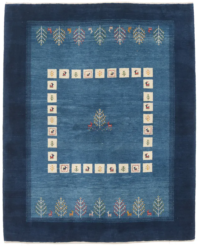 Persian Gabbeh Rug in Blue with Tree Pattern, 198 × 160 cm