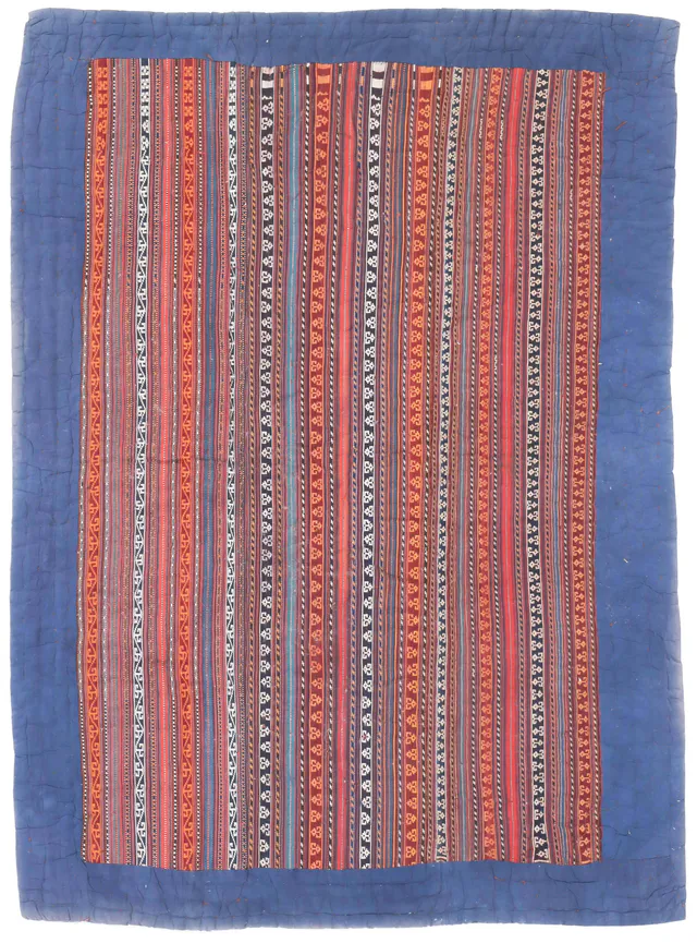 Striped Tribal Lahaf Jajim With Blue Border in, 228 × 160 cm