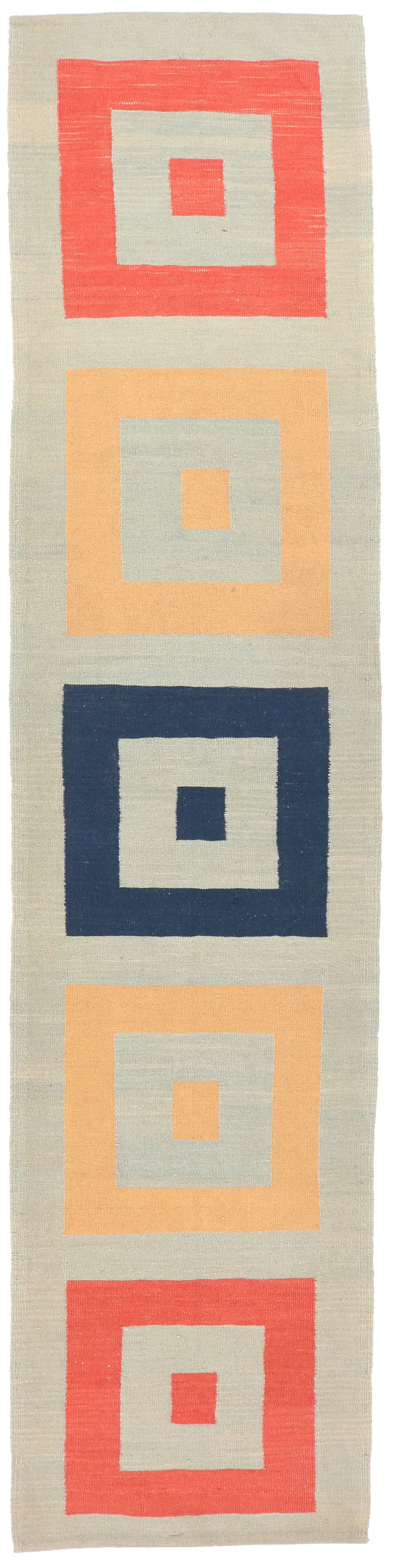 Kashgai or Qashkai Kilim Runner – Orange / Yellow / Navy Blue, 380 × 87 cm