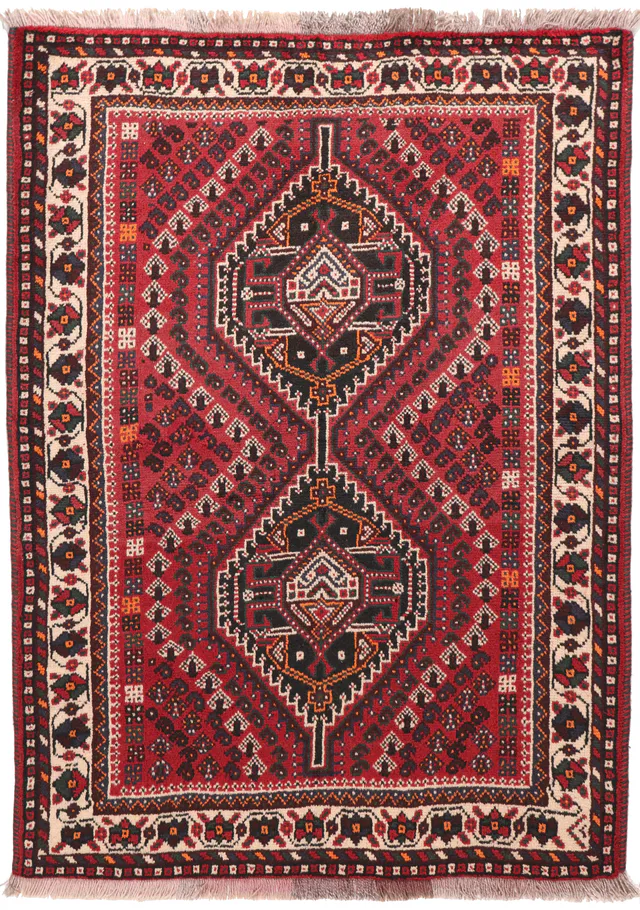 Persian Nomadic Shiraz rug – Beige Border, 148 × 112 cm