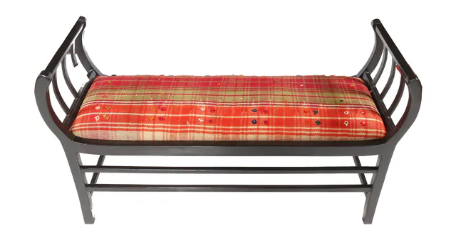 Handmade Wooden Kilim Stool in Orange & Mix, 125 × 50 cm