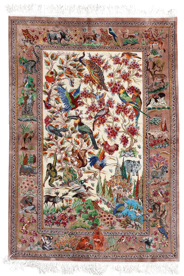 Qum silk Bird design Signed Persia Qum Yaqut, 150 × 100 cm