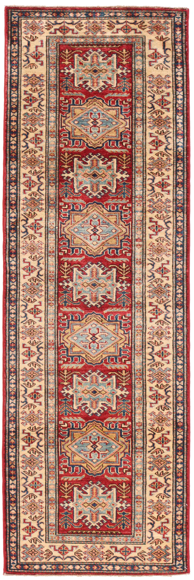 Caucasian Kazak Design Runner Rug in Red & Blue Border, 242 × 78 cm