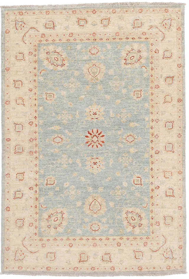Garous Fine Rug in Beige Border with Blue, 177 × 121 cm