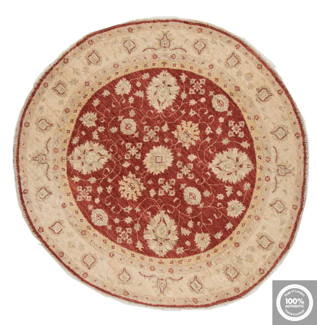 Garous Ziegler design circular rug in red beige border, 143 × 137 cm