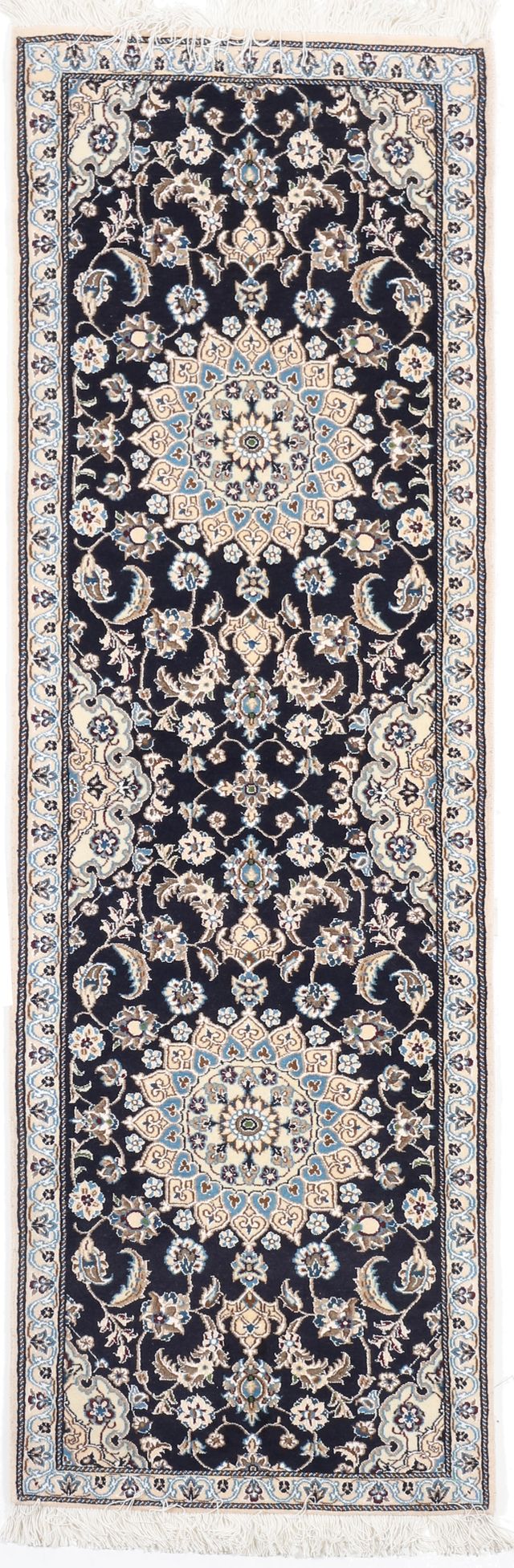 Nain 9La Dark Blue Runner with Silk Highlights, 200 × 62 cm