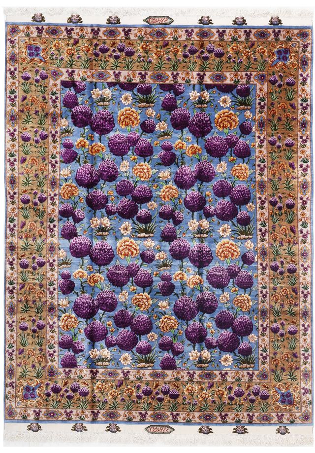 Persian Tulip Design Tabriz Pure Silk Rug, 212 × 150 cm