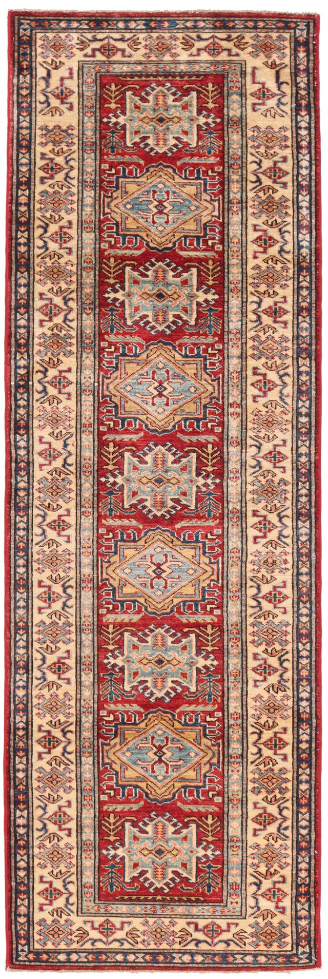Caucasian Kazak Design Runner Rug in Red & Blue Border, 242 × 78 cm